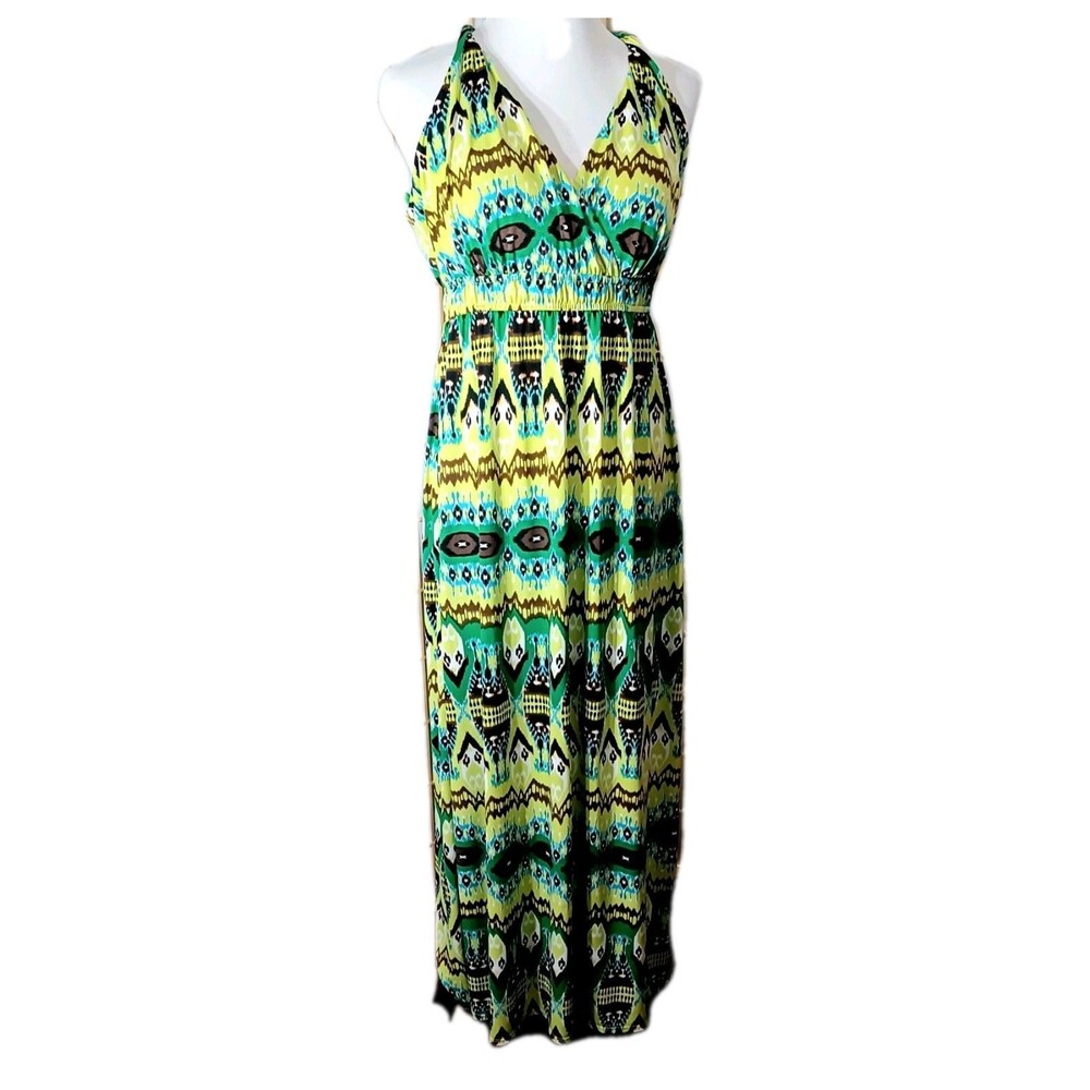 Glamor Green Tropical Print Resort Wear Maxi Dress Women's 16 - Picture 1 of 7